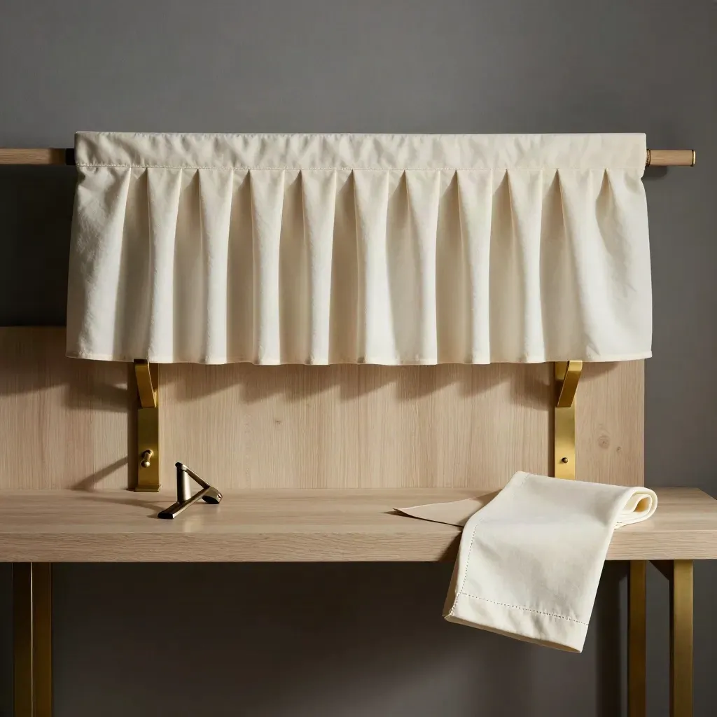 Ivory decor valance topper pleated on pale oak with brass brackets and stitched hem sample