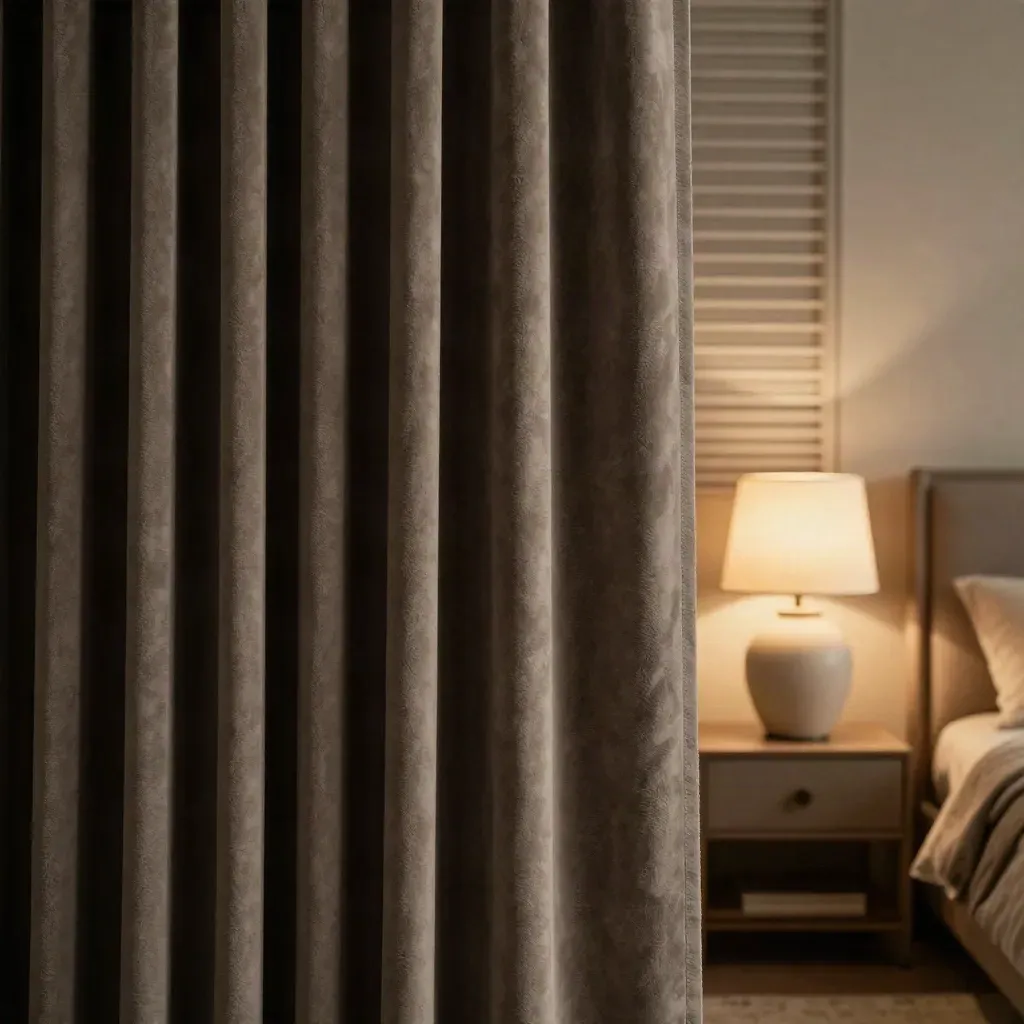 Macro of dark room panels beside a bedside table, lamp base, throw, and closed blinds at dusk.