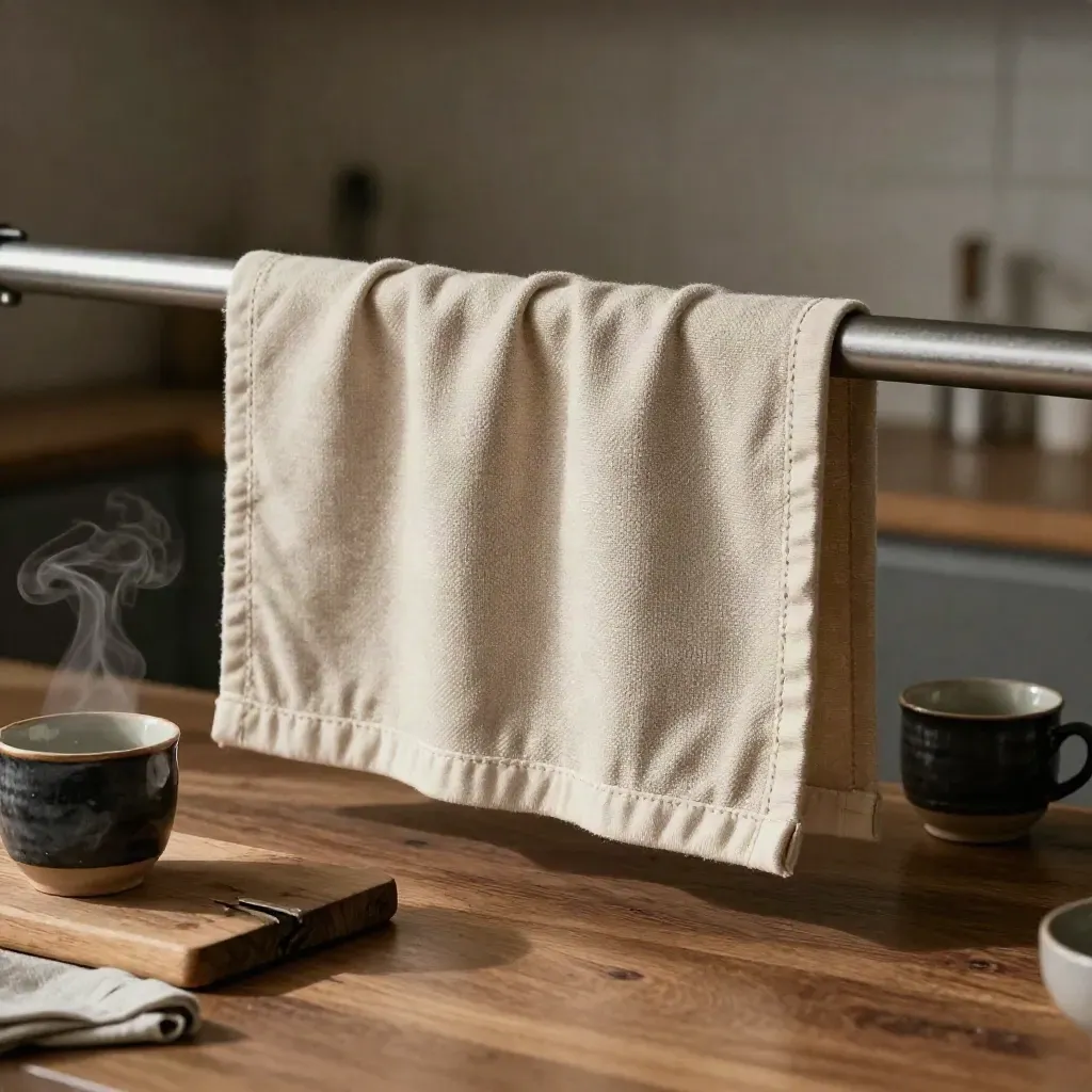 Cafe curtain fabric draped on a rail sample beside charcoal cups and steam