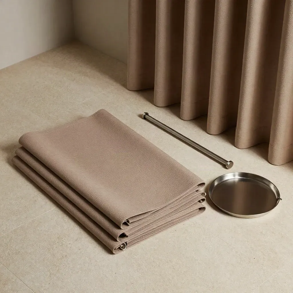 Overhead drapery kit flatlay with panels, hardware, and tray on stone.
