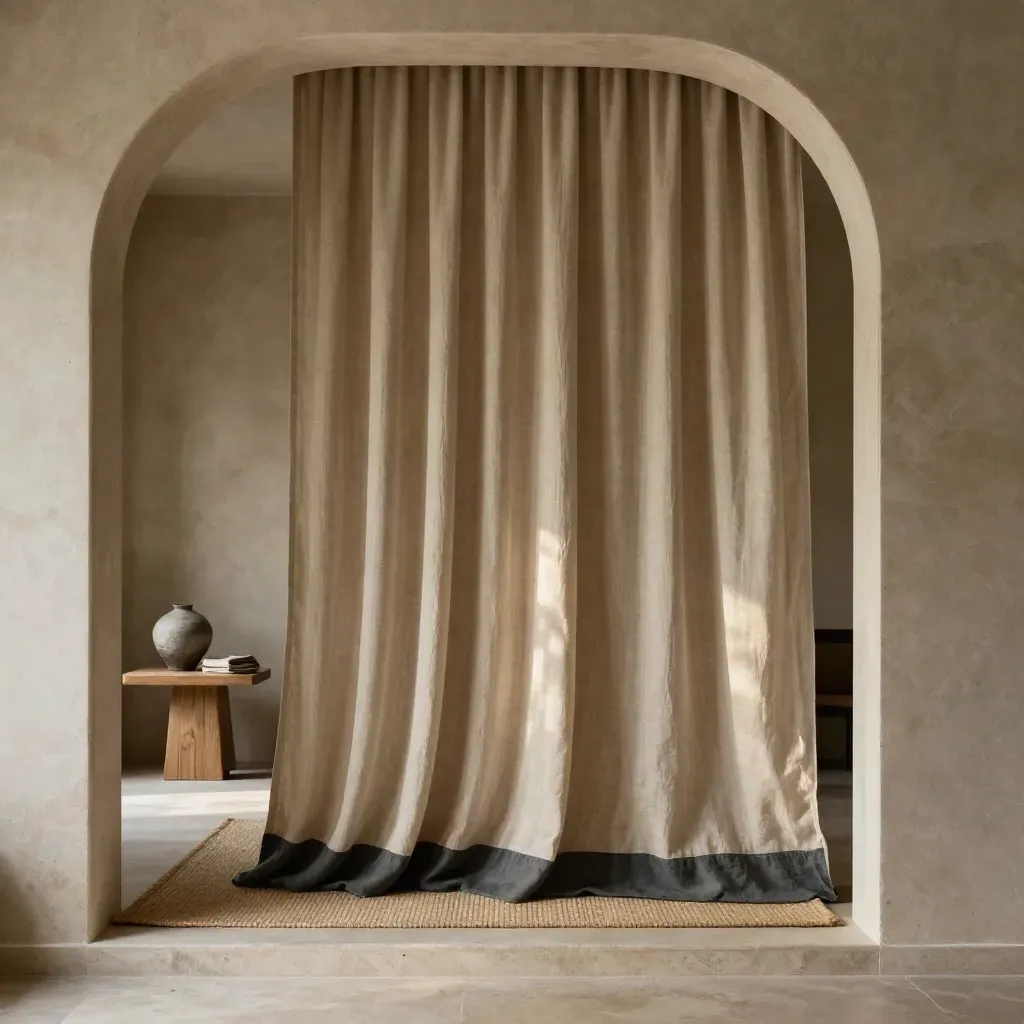 Arched entry with a linen curtain panel used as a privacy screen, woven mat and side table beyond.