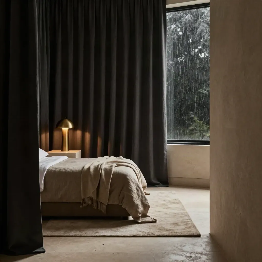Moody bedroom with blackout drapes, bed, lamp glow and calm copy space